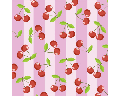 Papier peint à motif de cerises sur rayures verticales. Cerises avec feuilles.