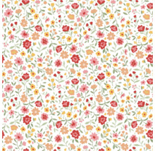 Papier peint avec un petit motif floral composé de fleurs rouges, roses, orange et jaunes avec des feuilles vertes.