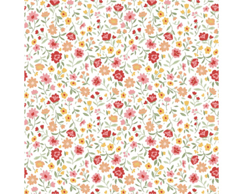 Papier peint avec un petit motif floral composé de fleurs rouges, roses, orange et jaunes avec des feuilles vertes.