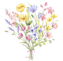 Aquarell-Illustration eines bunten Wildblumenstraußes mit gelben, rosa und lila Blüten, mit einer Schleife gebunden.
