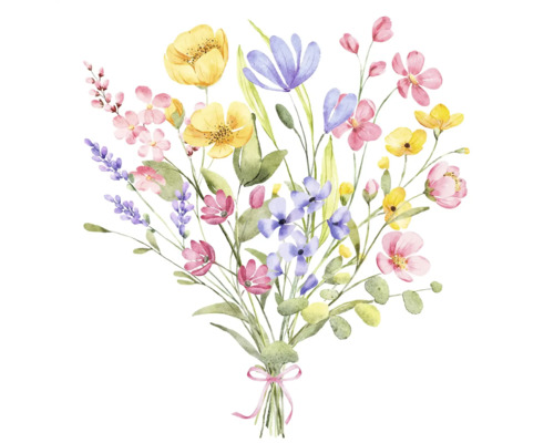 Aquarell-Illustration eines bunten Wildblumenstraußes mit gelben, rosa und lila Blüten, mit einer Schleife gebunden.