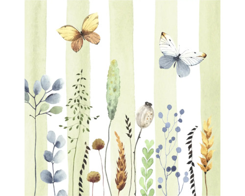 Aquarell-Illustration von Wiesenpflanzen, Gräsern und zwei Schmetterlingen vor einem gestreiften Hintergrund.