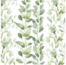 Tapetenmuster mit grünen Blättern im Aquarellstil und botanischen Motiven.