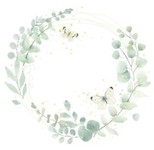 Botanischer Eukalyptus-Kranz im Aquarell-Stil mit zwei Schmetterlingen.