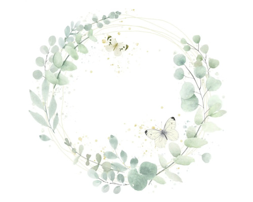 Botanischer Eukalyptus-Kranz im Aquarell-Stil mit zwei Schmetterlingen.