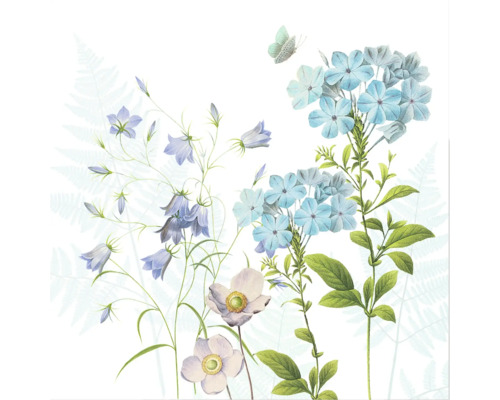 Botanische Illustration mit blauen Glockenblumen, Phlox, Anemonen, einem Schmetterling und Farn-Silhouetten.