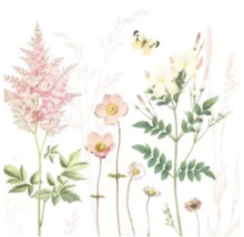 Wanddekoration mit Blumenmotiv: Aquarellzeichnung von rosa Astilben, hellrosa Anemonen und weißen Blüten sowie einem Schmetterling.