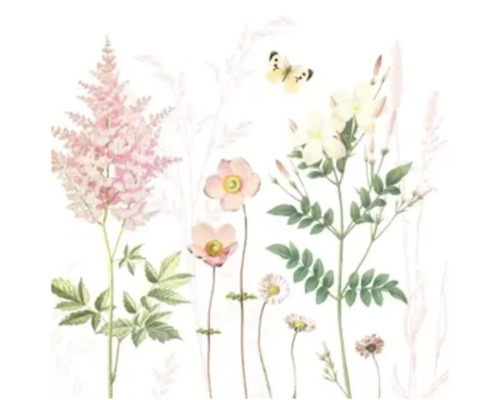 Wanddekoration mit Blumenmotiv: Aquarellzeichnung von rosa Astilben, hellrosa Anemonen und weißen Blüten sowie einem Schmetterling.