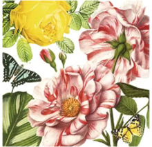 Illustration d'un motif floral avec des roses jaunes et rayées roses, des feuilles vertes et des papillons.