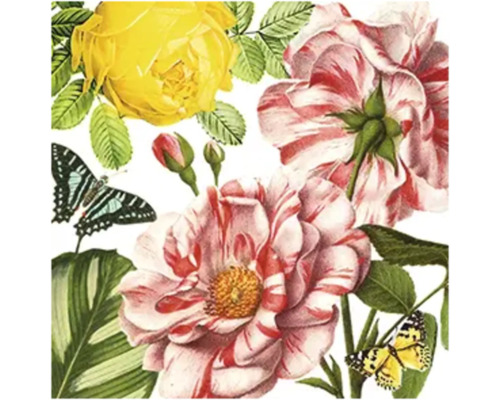 Illustration d'un motif floral avec des roses jaunes et rayées roses, des feuilles vertes et des papillons.
