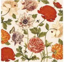 Tapete mit botanischem Blumenmuster, verschiedenen Blüten und Insekten im Vintage-Stil.
