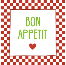 Élément décoratif carré avec bordure à carreaux rouge et blanc, texte BON APPETIT vert et cœur rouge.