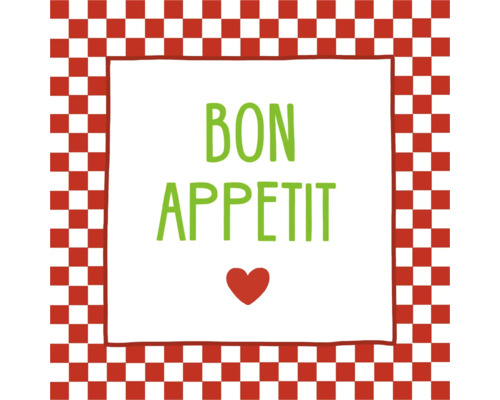 Élément décoratif carré avec bordure à carreaux rouge et blanc, texte BON APPETIT vert et cœur rouge.