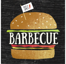 Illustration d'un hamburger avec l'inscription BARBECUE et un petit drapeau HOT AND SPICY.