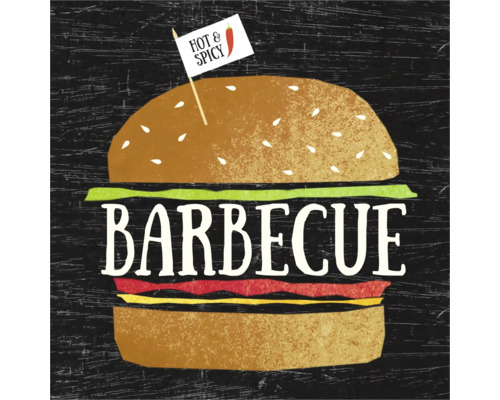 Illustration d'un hamburger avec l'inscription BARBECUE et un petit drapeau HOT AND SPICY.