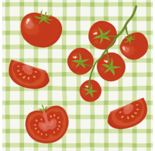 Illustration de tomates entières, coupées en deux, en tranches et de tomates en grappe.
