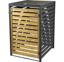 Cache-poubelle en lattes de bois avec cadre et couvercle sombres pour une poubelle.