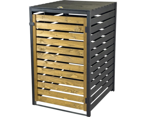 Cache-poubelle en lattes de bois avec cadre et couvercle sombres pour une poubelle.