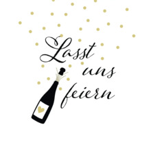 Illustration avec bouteille de champagne, texte Lasst uns feiern et confettis.