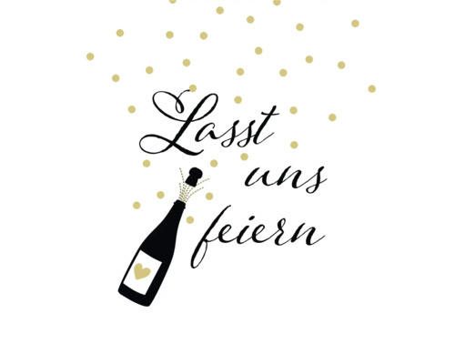 Illustration avec bouteille de champagne, texte Lasst uns feiern et confettis.