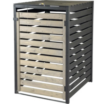 Cache-poubelle en bois avec lattes horizontales pour une poubelle.