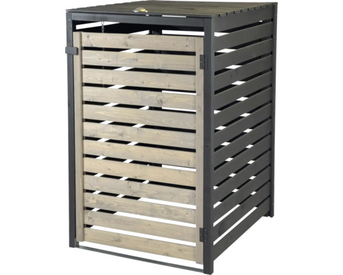 Cache-poubelle en bois avec lattes horizontales pour une poubelle.