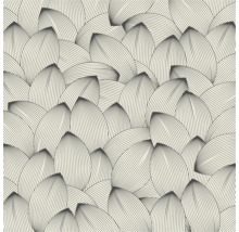 Papier peint avec motif de feuilles abstrait composé de feuilles superposées finement lignées.