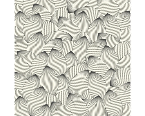 Papier peint avec motif de feuilles abstrait composé de feuilles superposées finement lignées.
