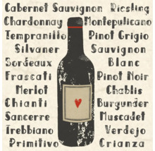 Tableau mural carré avec silhouette de bouteille de vin et différents noms de vins comme Merlot et Chardonnay, style vintage.