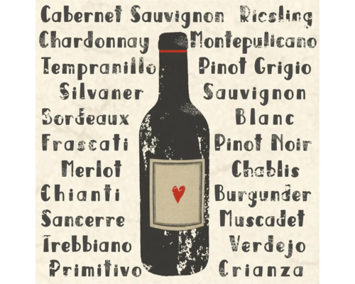 Tableau mural carré avec silhouette de bouteille de vin et différents noms de vins comme Merlot et Chardonnay, style vintage.