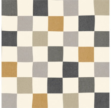 Papier peint avec un motif à carreaux irrégulier dans les tons gris, beige et jaune avec une texture tissée.