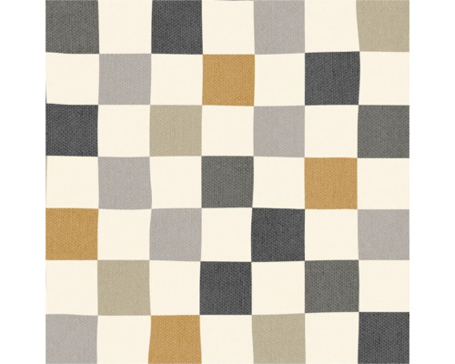 Papier peint avec un motif à carreaux irrégulier dans les tons gris, beige et jaune avec une texture tissée.