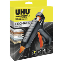 UHU Klebepistole Promatic Hot Melt mit drei Klebesticks, Aufheizzeit fünf bis acht Minuten, geeignet für Holz, Metall und Kunststoff.
