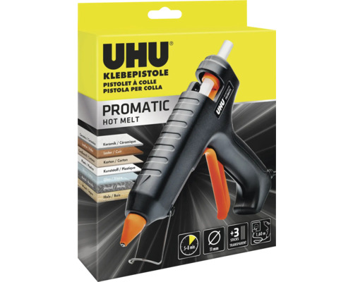 UHU Klebepistole Promatic Hot Melt mit drei Klebesticks, Aufheizzeit fünf bis acht Minuten, geeignet für Holz, Metall und Kunststoff.