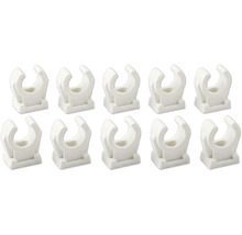 Set mit 10 weissen Klemmschellen aus Kunststoff für Elektroinstallationen mit C-förmiger Halterung und quadratischem Sockel.