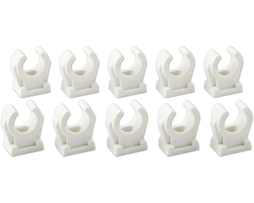 Set mit 10 weissen Klemmschellen aus Kunststoff für Elektroinstallationen mit C-förmiger Halterung und quadratischem Sockel.