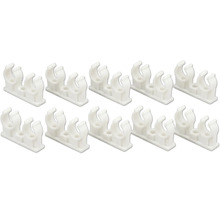 Doppel-Rohrclips aus weissem Kunststoff zur Befestigung von zwei Rohren, 10er-Set.