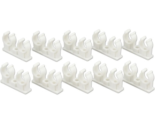 Doppel-Rohrclips aus weissem Kunststoff zur Befestigung von zwei Rohren, 10er-Set.