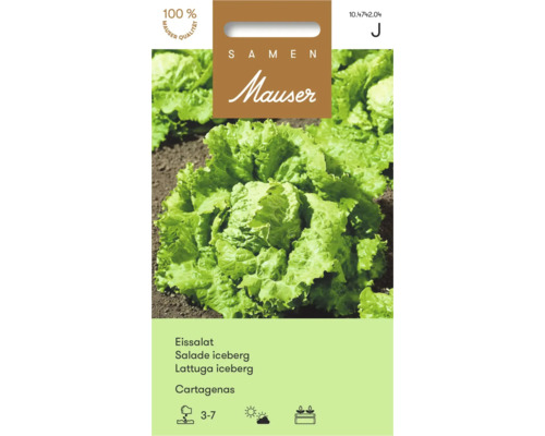 Samen Mauser Eissalat Cartagenas Samentüte mit Abbildung eines wachsenden grünen Eissalats in der Erde.