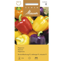 Samen Mauser Logo. Semences pour poivrons mélange coloré F1 avec des poivrons rouges, jaunes, oranges et violets. Sceau pour 100 pour cent de qualité.