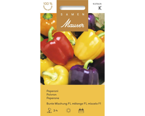Samen Mauser Logo. Semences pour poivrons mélange coloré F1 avec des poivrons rouges, jaunes, oranges et violets. Sceau pour 100 pour cent de qualité.
