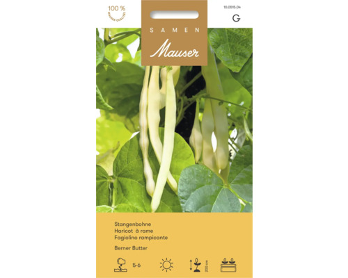 Logo Samen Mauser. Haricot à rame Berner Butter avec haricots jaunes. Semis de mai à juin, soleil, 200 centimètres de hauteur et plates-bandes.