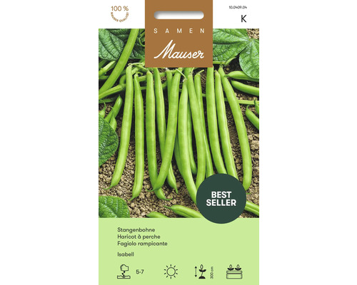 Graines de haricots Isabell Samen Mauser Semences Mauser Haricot à perche Isabell, sachet de graines avec image de haricots verts sur terre, Mauser Logo, sceau de qualité et best-seller.