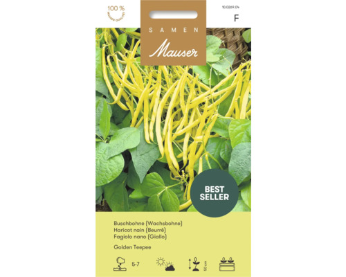 Samen Mauser Saatgut für Buschbohnen Golden Teepee. Gelbe Wachsbohnen. Aussaat Mai bis Juli, 50 Zentimeter Höhe, topfgeeignet. Mauser Logo.