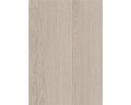 Heller Laminatboden in Eichenoptik mit feiner Maserung.