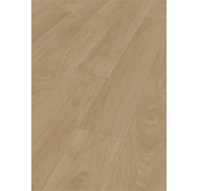 Laminatboden in Eichenoptik mit sichtbarer Holzmaserung und Astlöchern im Landhausdielen-Stil.