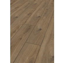 Laminatboden mit Eichenstruktur, ausgeprägter Holzmaserung und Astlöchern im Landhausdielen-Design.