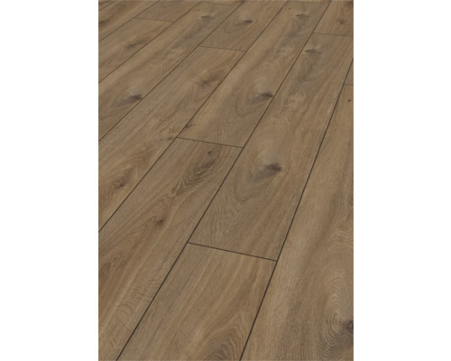 Laminatboden mit Eichenstruktur, ausgeprägter Holzmaserung und Astlöchern im Landhausdielen-Design.