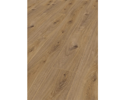 Laminatboden in Eichenoptik mit ausgeprägter Holzmaserung und Astlöchern.
