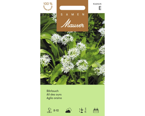 Samen Mauser Bärlauch Saatgut, blühende Pflanzen, Aussaat August bis Oktober, Wuchshöhe 25 Zentimeter, Samen Mauser Logo.